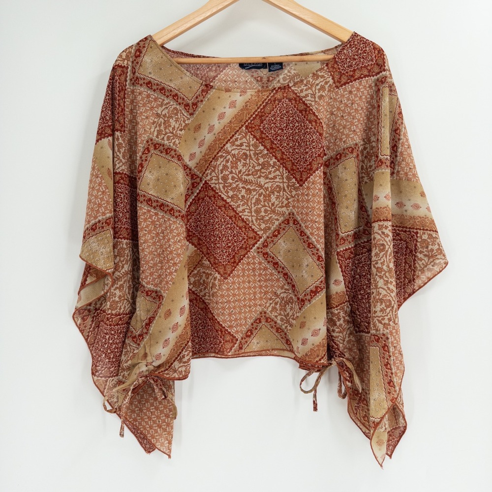Vintage Y2K Boho Poncho Top Women Large Brown Patchwork Sheer Side Tie Festival